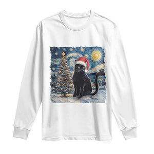 Christmas Black Cat Long Sleeve Shirt Meowy Catmas Starry Night Santa Cat TS09 White Print Your Wear