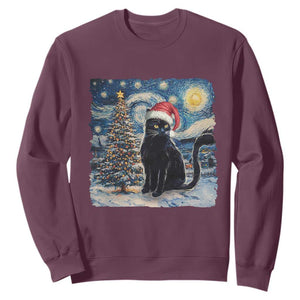 Christmas Black Cat Sweatshirt Meowy Catmas Starry Night Santa Cat TS09 Maroon Print Your Wear