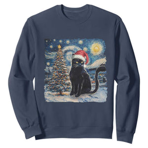 Christmas Black Cat Sweatshirt Meowy Catmas Starry Night Santa Cat TS09 Navy Print Your Wear