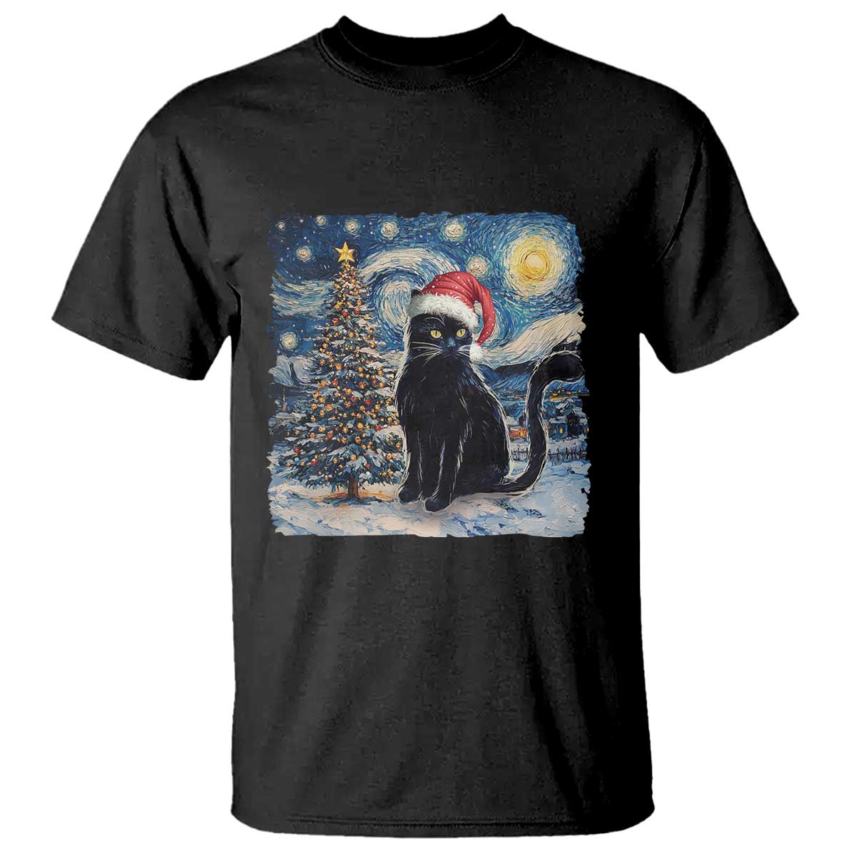 Christmas Black Cat T Shirt Meowy Catmas Starry Night Santa Cat TS09 Black Print Your Wear