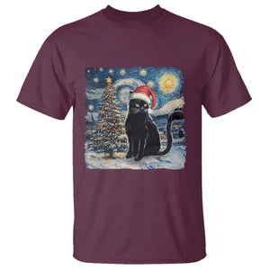 Christmas Black Cat T Shirt Meowy Catmas Starry Night Santa Cat TS09 Maroon Print Your Wear