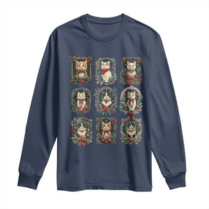 Christmas Cat Long Sleeve Shirt Vintage Kitten Victorian Holly Wreath TS09 Navy Print Your Wear