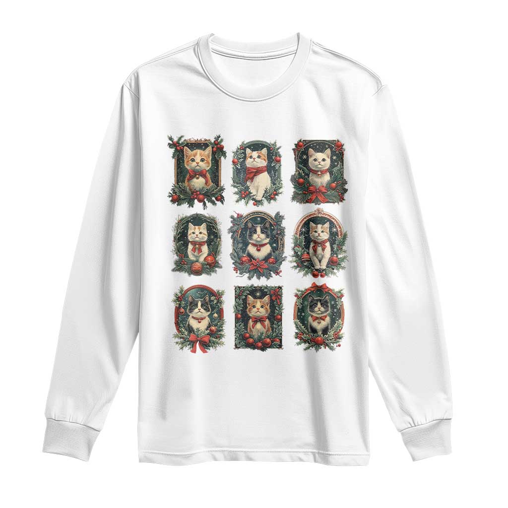 Christmas Cat Long Sleeve Shirt Vintage Kitten Victorian Holly Wreath TS09 White Print Your Wear