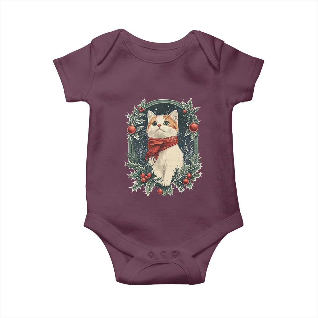 Christmas Cat Baby Onesie Vintage Kitten Victorian Royal Holly TS09 Maroon Print Your Wear