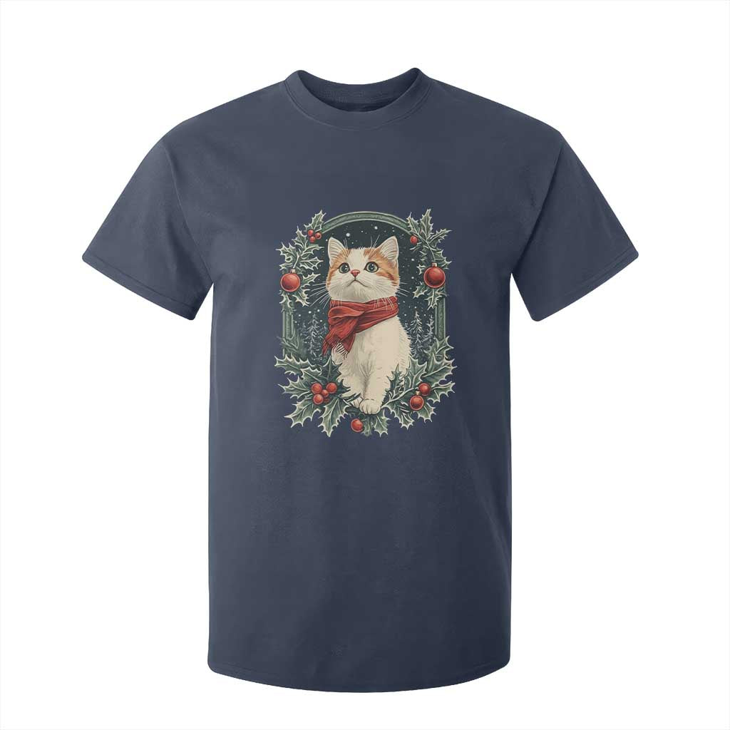 Christmas Cat T Shirt For Kid Vintage Kitten Victorian Royal Holly TS09 Navy Print Your Wear