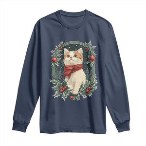 Christmas Cat Long Sleeve Shirt Vintage Kitten Victorian Royal Holly TS09 Navy Print Your Wear