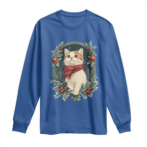 Christmas Cat Long Sleeve Shirt Vintage Kitten Victorian Royal Holly TS09 Royal Blue Print Your Wear