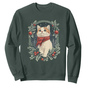 Christmas Cat Sweatshirt Vintage Kitten Victorian Royal Holly TS09 Dark Forest Green Print Your Wear