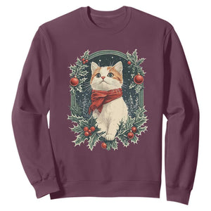 Christmas Cat Sweatshirt Vintage Kitten Victorian Royal Holly TS09 Maroon Print Your Wear