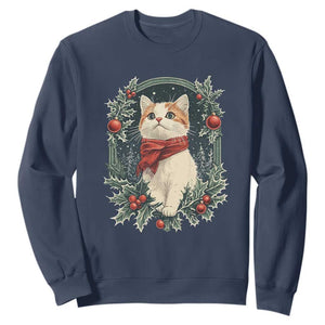 Christmas Cat Sweatshirt Vintage Kitten Victorian Royal Holly TS09 Navy Print Your Wear