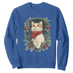 Christmas Cat Sweatshirt Vintage Kitten Victorian Royal Holly TS09 Royal Blue Print Your Wear