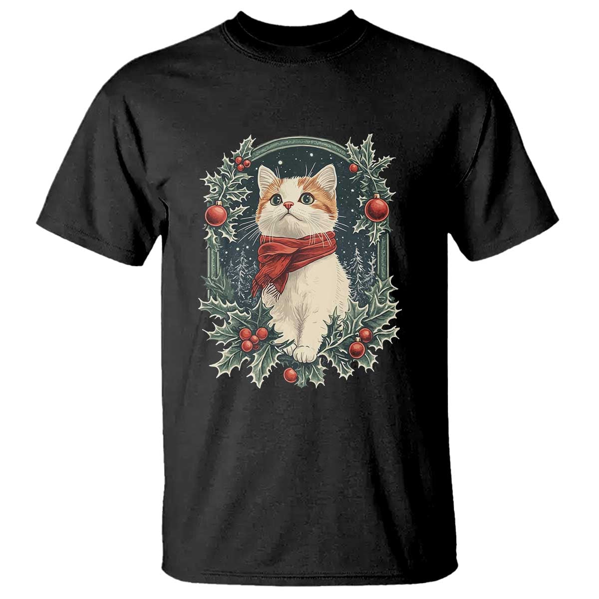 Christmas Cat T Shirt Vintage Kitten Victorian Royal Holly TS09 Black Print Your Wear