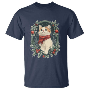 Christmas Cat T Shirt Vintage Kitten Victorian Royal Holly TS09 Navy Print Your Wear