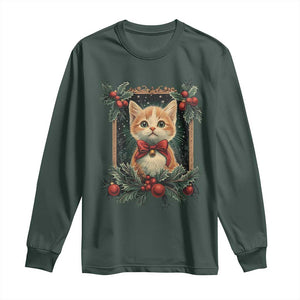 Christmas Cat Long Sleeve Shirt Vintage Kitten Royal Victorian Holly Wreath TS09 Dark Forest Green Print Your Wear