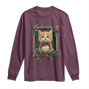 Christmas Cat Long Sleeve Shirt Vintage Kitten Royal Victorian Holly Wreath TS09 Maroon Print Your Wear