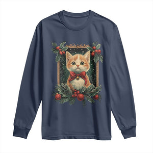 Christmas Cat Long Sleeve Shirt Vintage Kitten Royal Victorian Holly Wreath TS09 Navy Print Your Wear