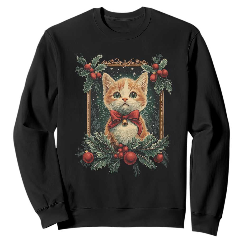 Christmas Cat Sweatshirt Vintage Kitten Royal Victorian Holly Wreath TS09 Black Print Your Wear