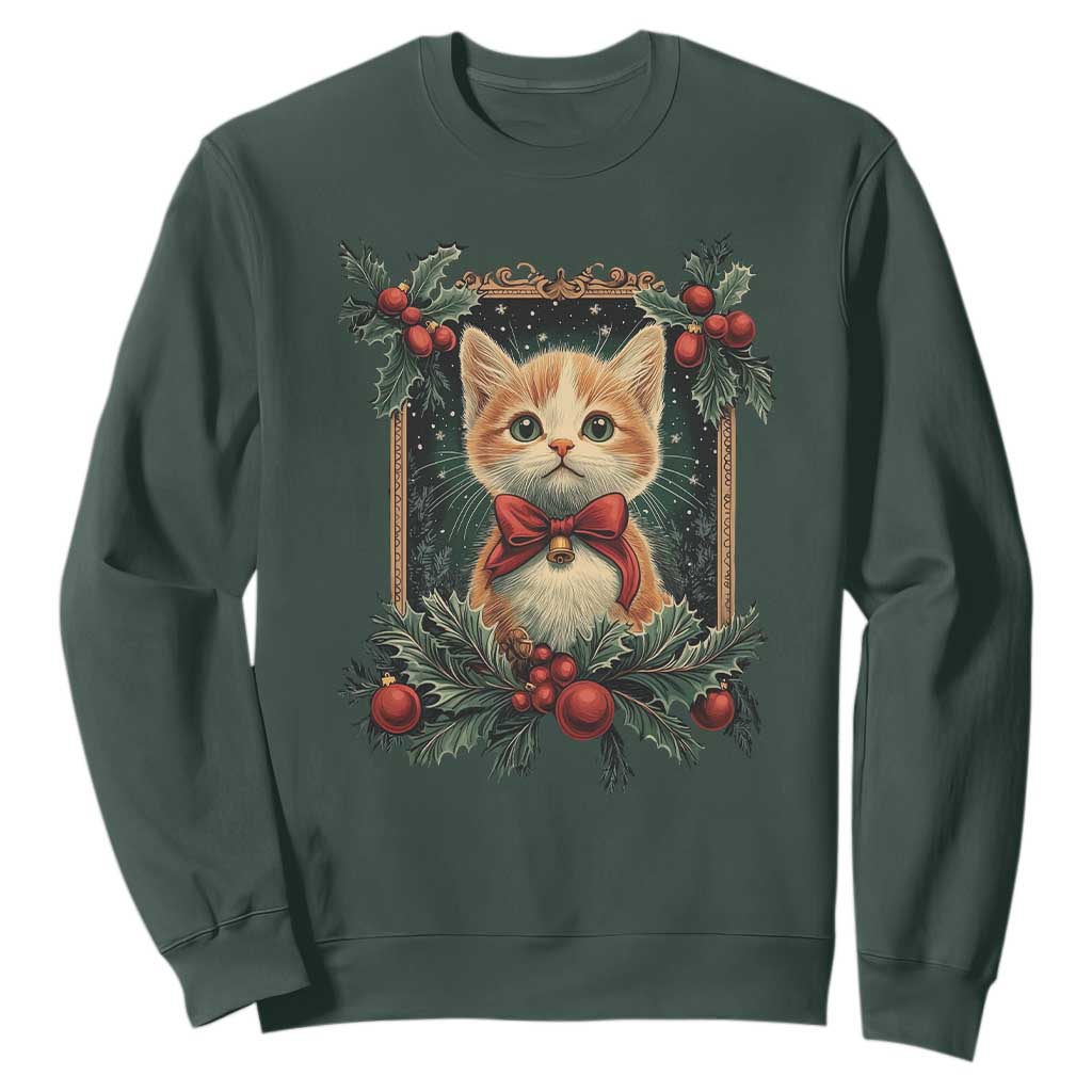Christmas Cat Sweatshirt Vintage Kitten Royal Victorian Holly Wreath TS09 Dark Forest Green Print Your Wear
