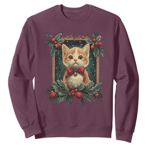 Christmas Cat Sweatshirt Vintage Kitten Royal Victorian Holly Wreath TS09 Maroon Print Your Wear