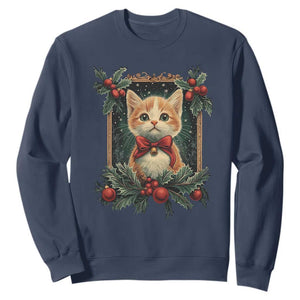 Christmas Cat Sweatshirt Vintage Kitten Royal Victorian Holly Wreath TS09 Navy Print Your Wear