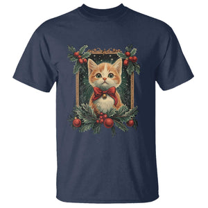 Christmas Cat T Shirt Vintage Kitten Royal Victorian Holly Wreath TS09 Navy Print Your Wear