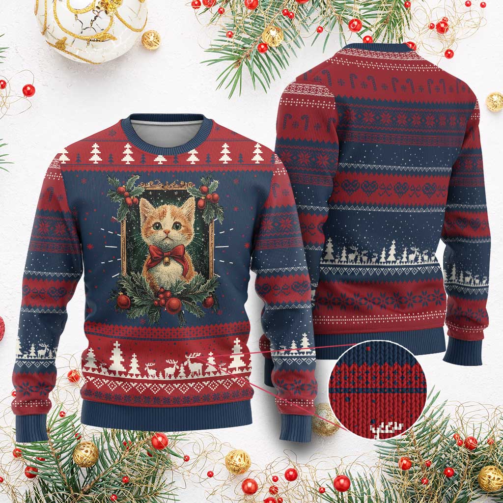 Xmas Cat Ugly Christmas Sweater Vintage Kitten Royal Victorian Holly Wreath TS09 Burgundy Print Your Wear