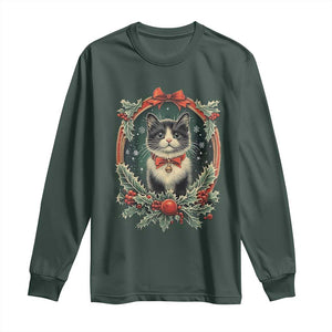 Christmas Cat Long Sleeve Shirt Vintage Kitten Royal Holly Victorian Wreath TS09 Dark Forest Green Print Your Wear