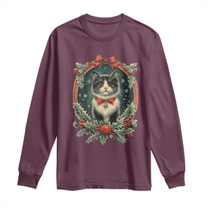 Christmas Cat Long Sleeve Shirt Vintage Kitten Royal Holly Victorian Wreath TS09 Maroon Print Your Wear