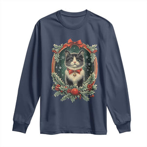 Christmas Cat Long Sleeve Shirt Vintage Kitten Royal Holly Victorian Wreath TS09 Navy Print Your Wear