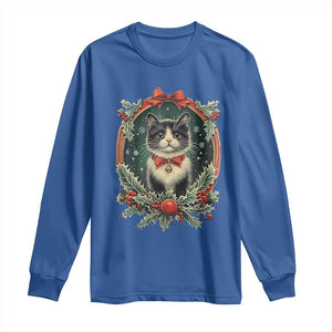 Christmas Cat Long Sleeve Shirt Vintage Kitten Royal Holly Victorian Wreath TS09 Royal Blue Print Your Wear