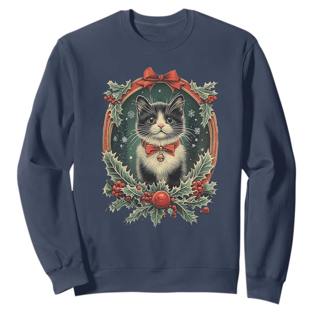 Christmas Cat Sweatshirt Vintage Kitten Royal Holly Victorian Wreath TS09 Navy Print Your Wear