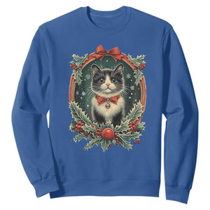 Christmas Cat Sweatshirt Vintage Kitten Royal Holly Victorian Wreath TS09 Royal Blue Print Your Wear