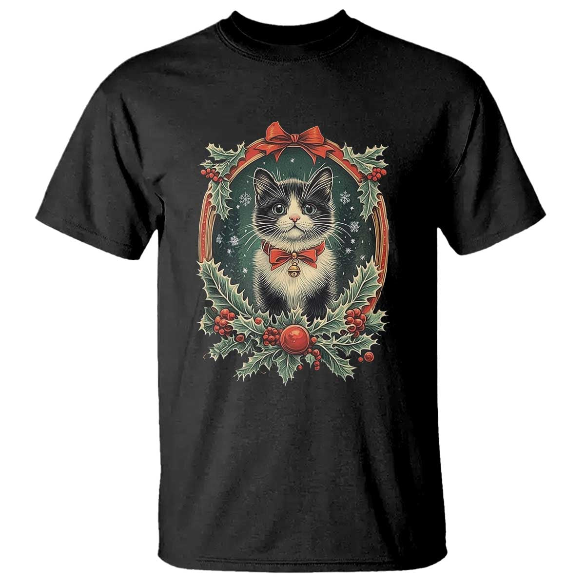 Christmas Cat T Shirt Vintage Kitten Royal Holly Victorian Wreath TS09 Black Print Your Wear