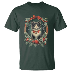 Christmas Cat T Shirt Vintage Kitten Royal Holly Victorian Wreath TS09 Dark Forest Green Print Your Wear