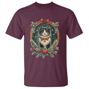 Christmas Cat T Shirt Vintage Kitten Royal Holly Victorian Wreath TS09 Maroon Print Your Wear