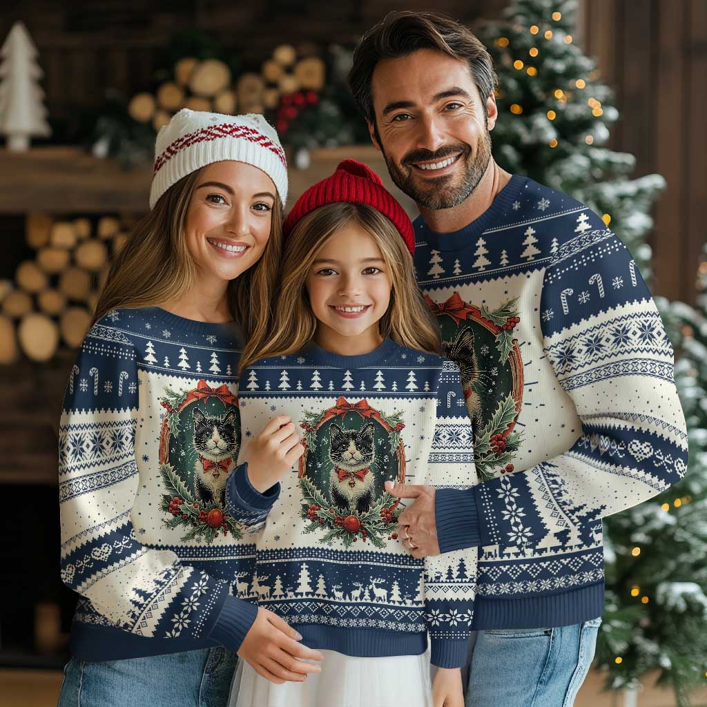 Xmas Cat Ugly Christmas Sweater Vintage Kitten Royal Holly Victorian Wreath TS09 Navy Print Your Wear