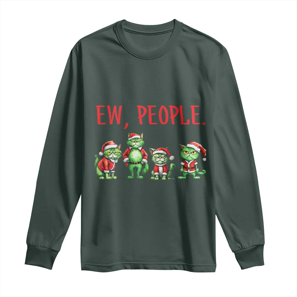 Funny Christmas Cat Long Sleeve Shirt Ew People Green Cat Santa TS09 Dark Forest Green Print Your Wear