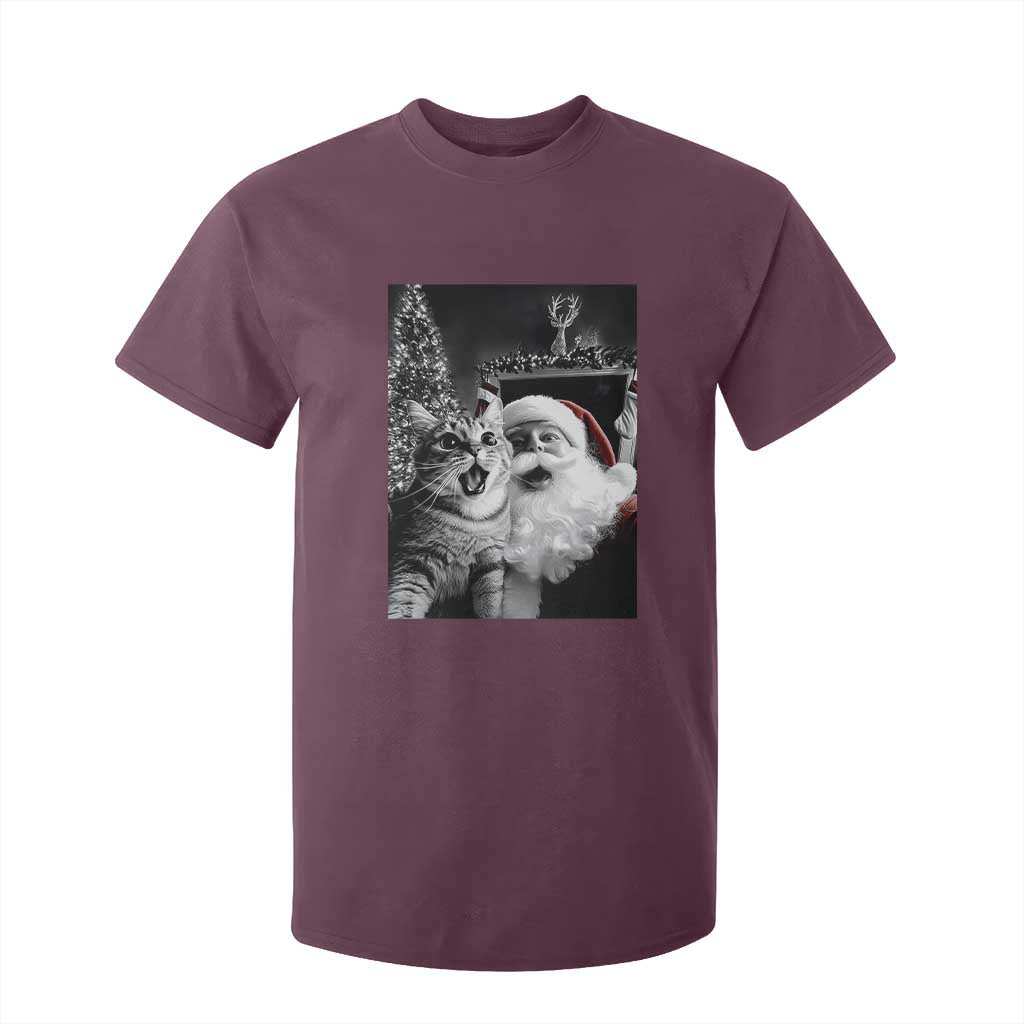 Funny Christmas Cat Selfie With Santa T Shirt For Kid TS09 Maroon Print Your Wear