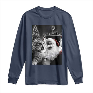 Funny Christmas Cat Selfie With Santa Long Sleeve Shirt TS09 Navy Print Your Wear