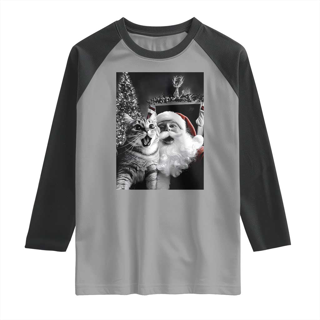 Funny Christmas Cat Selfie With Santa Raglan Shirt TS09 Sport Gray Black Print Your Wear