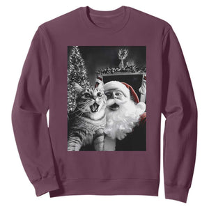 Funny Christmas Cat Selfie With Santa Sweatshirt TS09 Maroon Print Your Wear