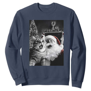 Funny Christmas Cat Selfie With Santa Sweatshirt TS09 Navy Print Your Wear