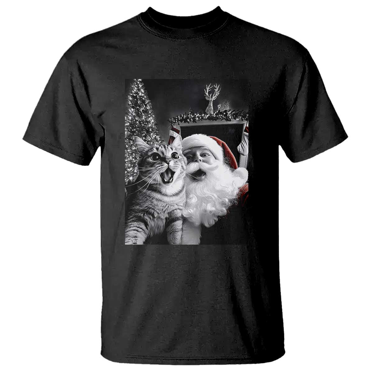 Funny Christmas Cat Selfie With Santa T Shirt TS09 Black Print Your Wear