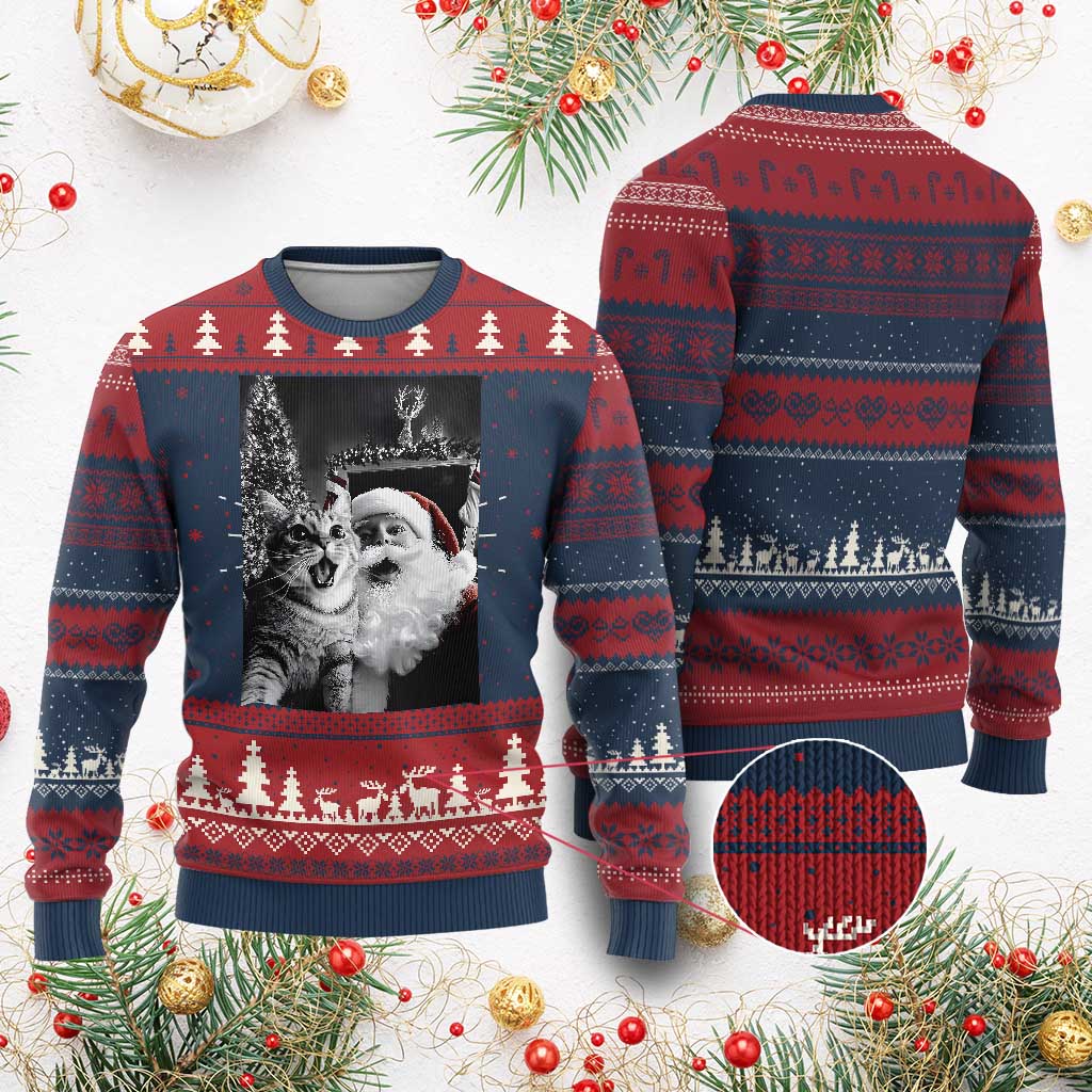 Funny Christmas Cat Selfie With Santa Ugly Christmas Sweater TS09 Burgundy Print Your Wear
