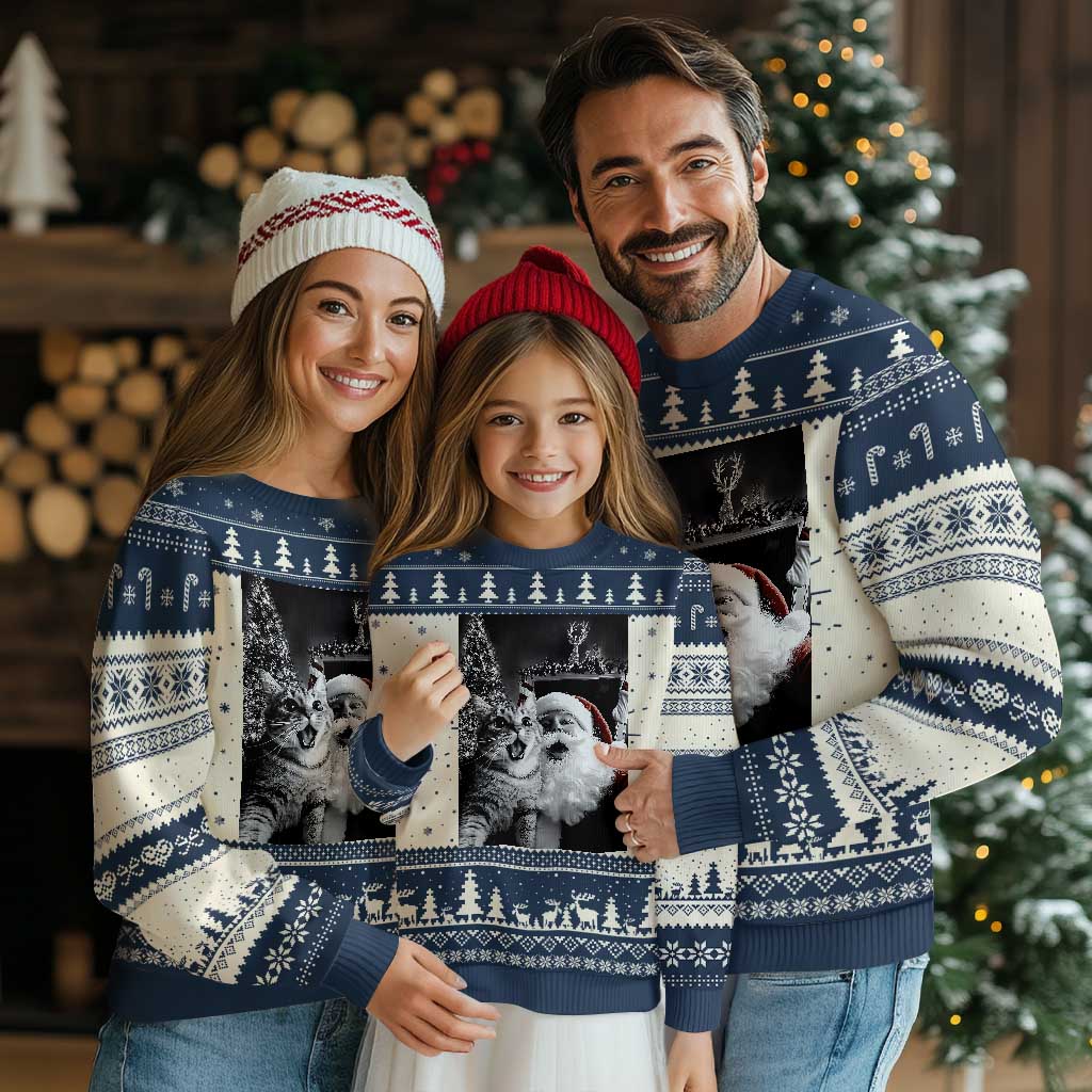 Funny Christmas Cat Selfie With Santa Ugly Christmas Sweater TS09 Navy Print Your Wear