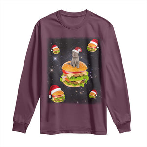 Funny Christmas Cat Long Sleeve Shirt Santa Cat Hamburger Lover Galaxy Outer Space TS09 Maroon Print Your Wear