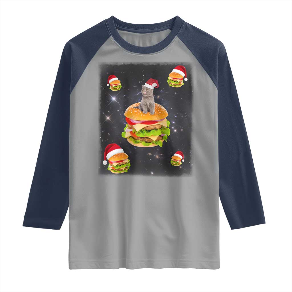 Funny Christmas Cat Raglan Shirt Santa Cat Hamburger Lover Galaxy Outer Space TS09 Sport Gray Navy Print Your Wear
