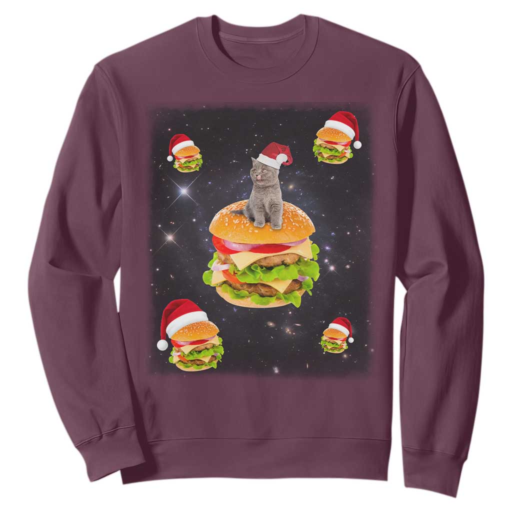 Funny Christmas Cat Sweatshirt Santa Cat Hamburger Lover Galaxy Outer Space TS09 Maroon Print Your Wear