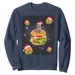 Funny Christmas Cat Sweatshirt Santa Cat Hamburger Lover Galaxy Outer Space TS09 Navy Print Your Wear