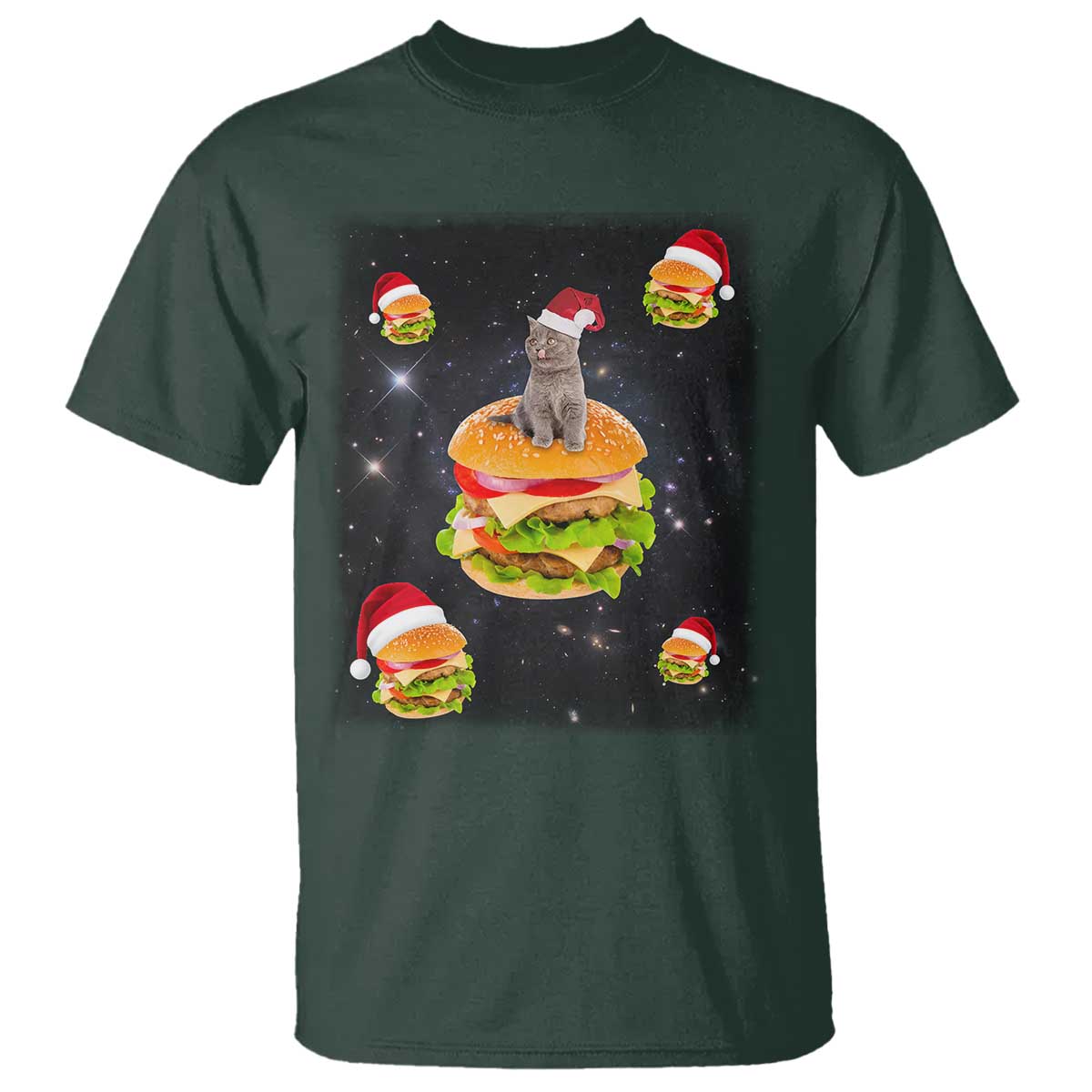 Funny Christmas Cat T Shirt Santa Cat Hamburger Lover Galaxy Outer Space TS09 Dark Forest Green Print Your Wear